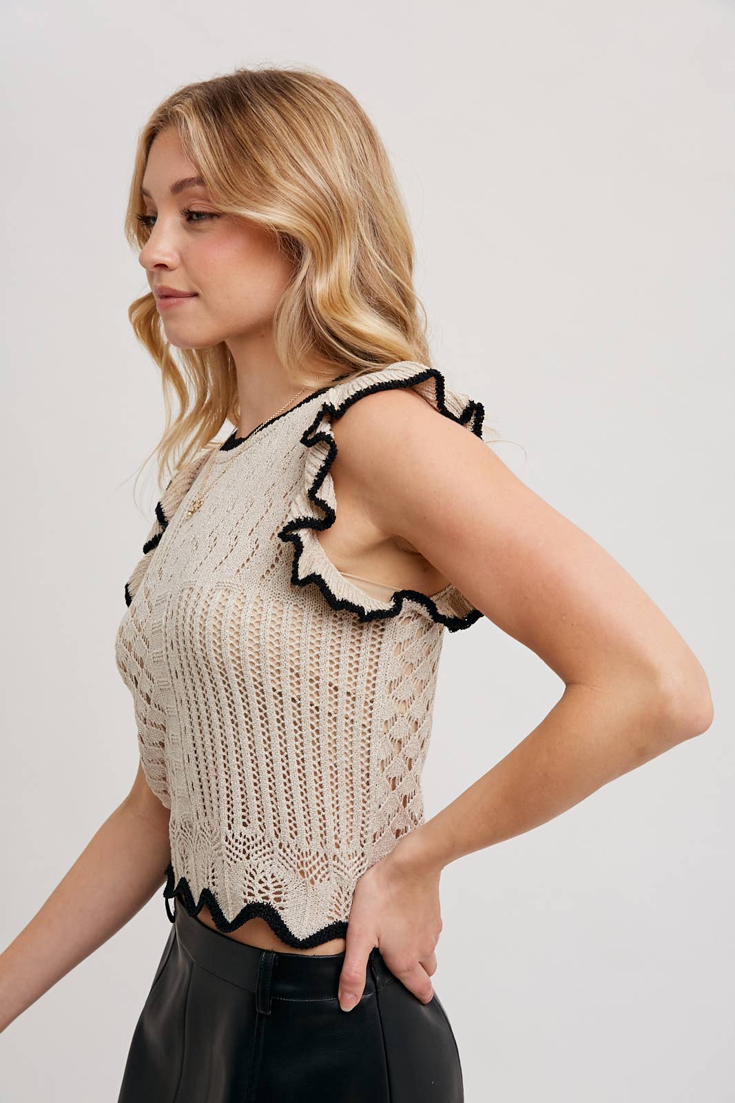 Eyelet Contrast Knit Ruffled Scalloped Top