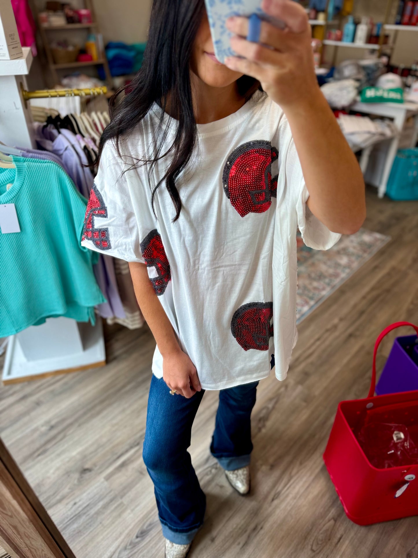 Sequin Red & White Helmet Jersey Top