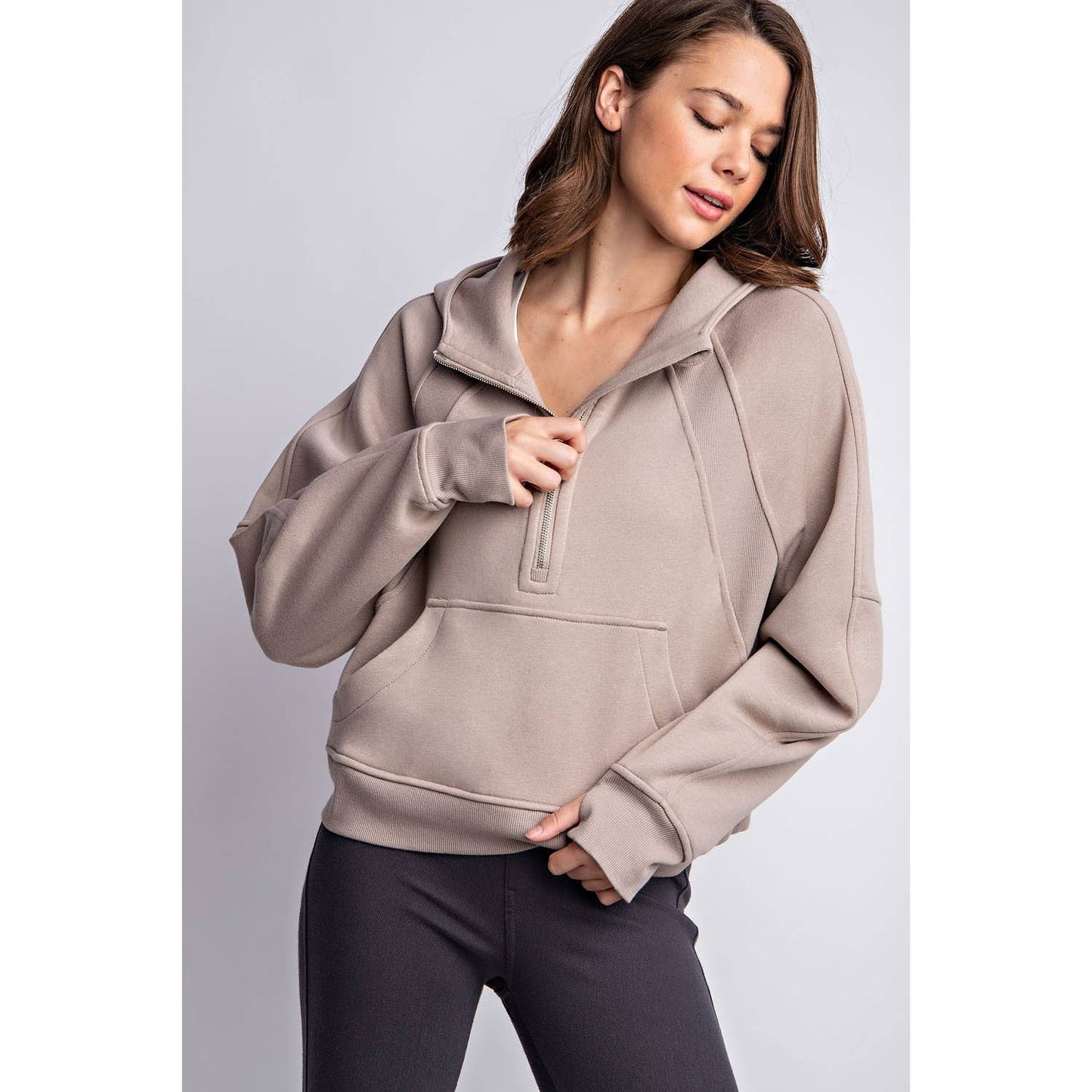 FRENCH TERRY CROPPED QUARTER ZIP HOODIE JACKET