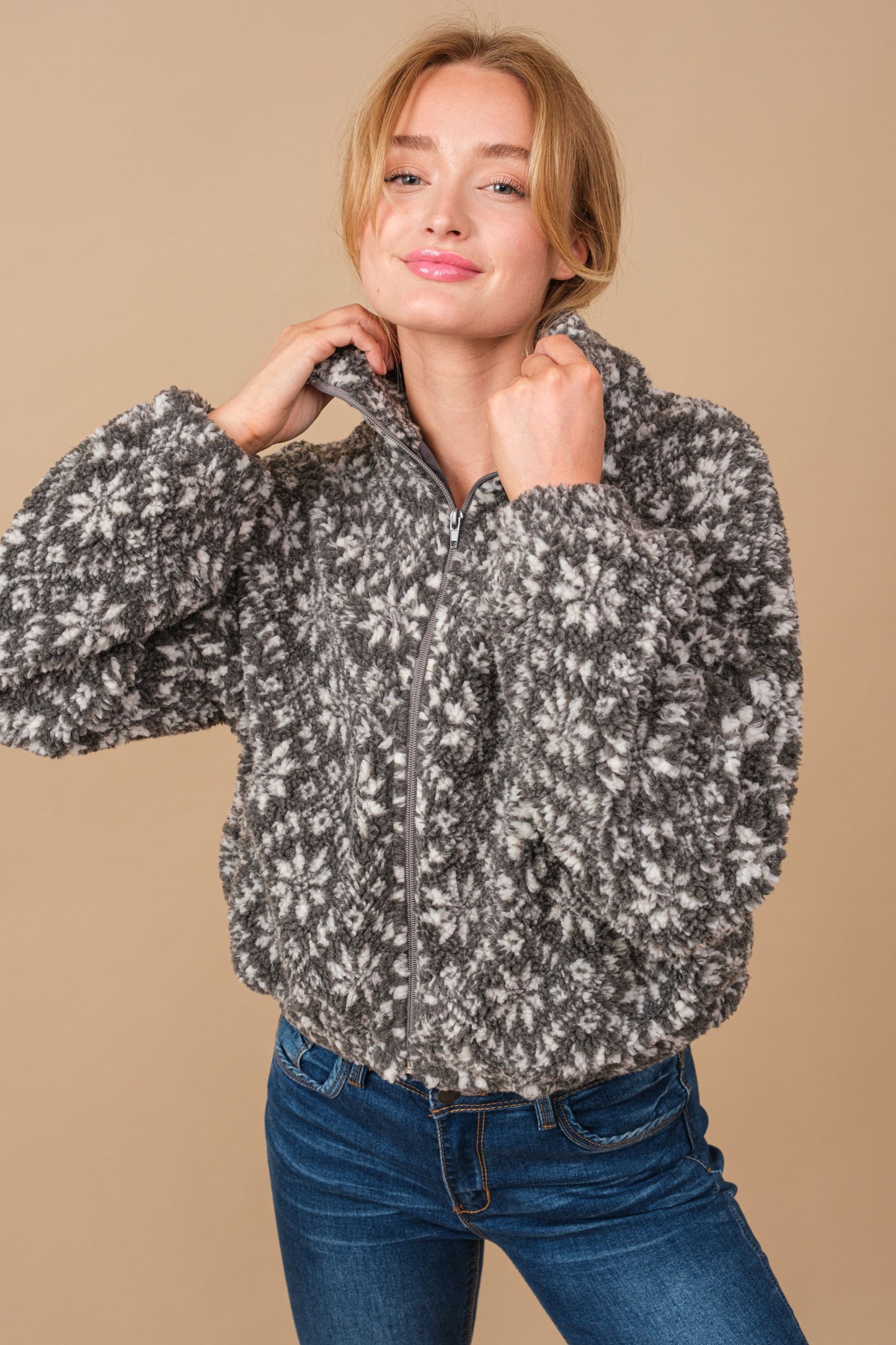 Snow Pattern Shearling Zip Up Jacket