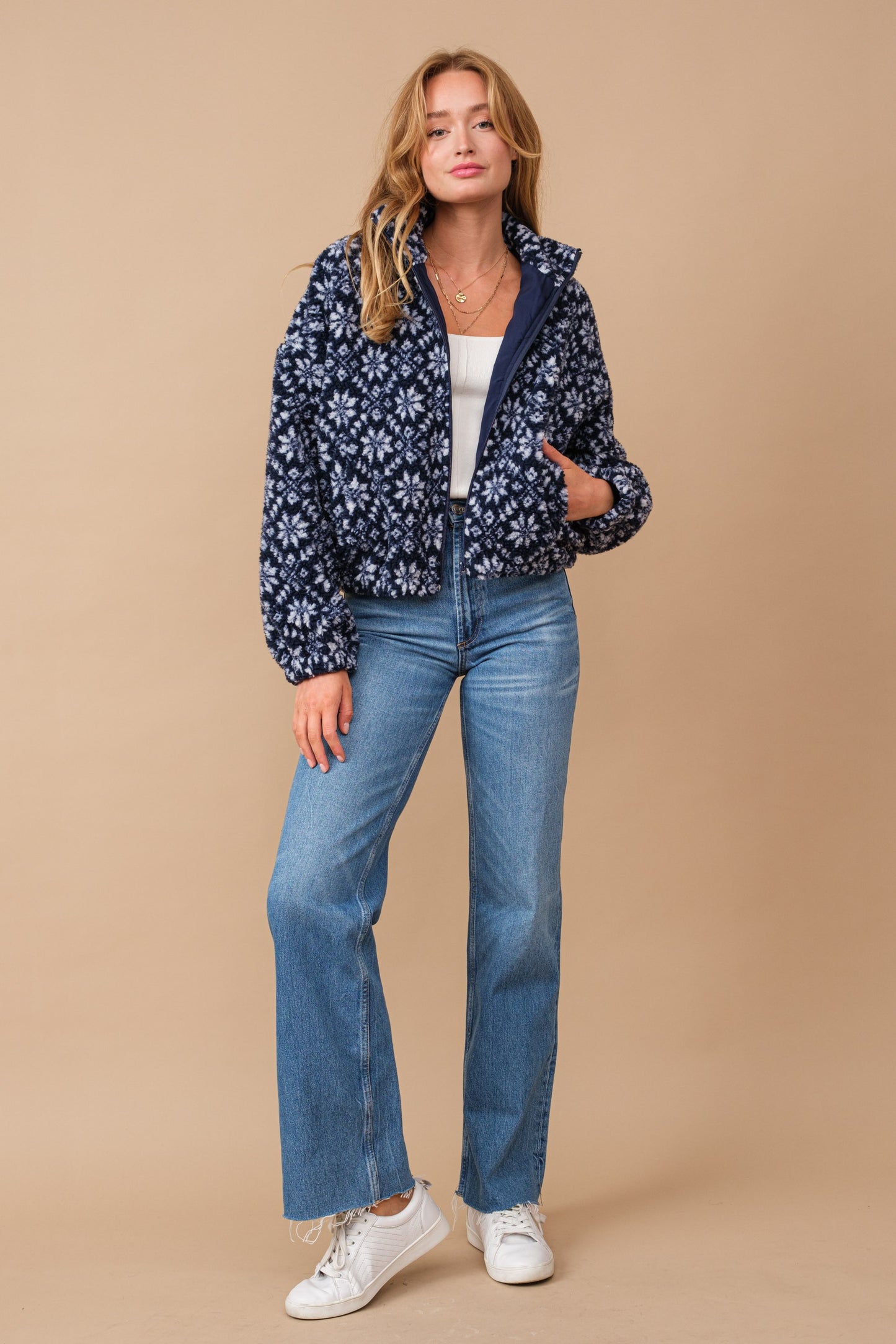 Snow Pattern Shearling Zip Up Jacket