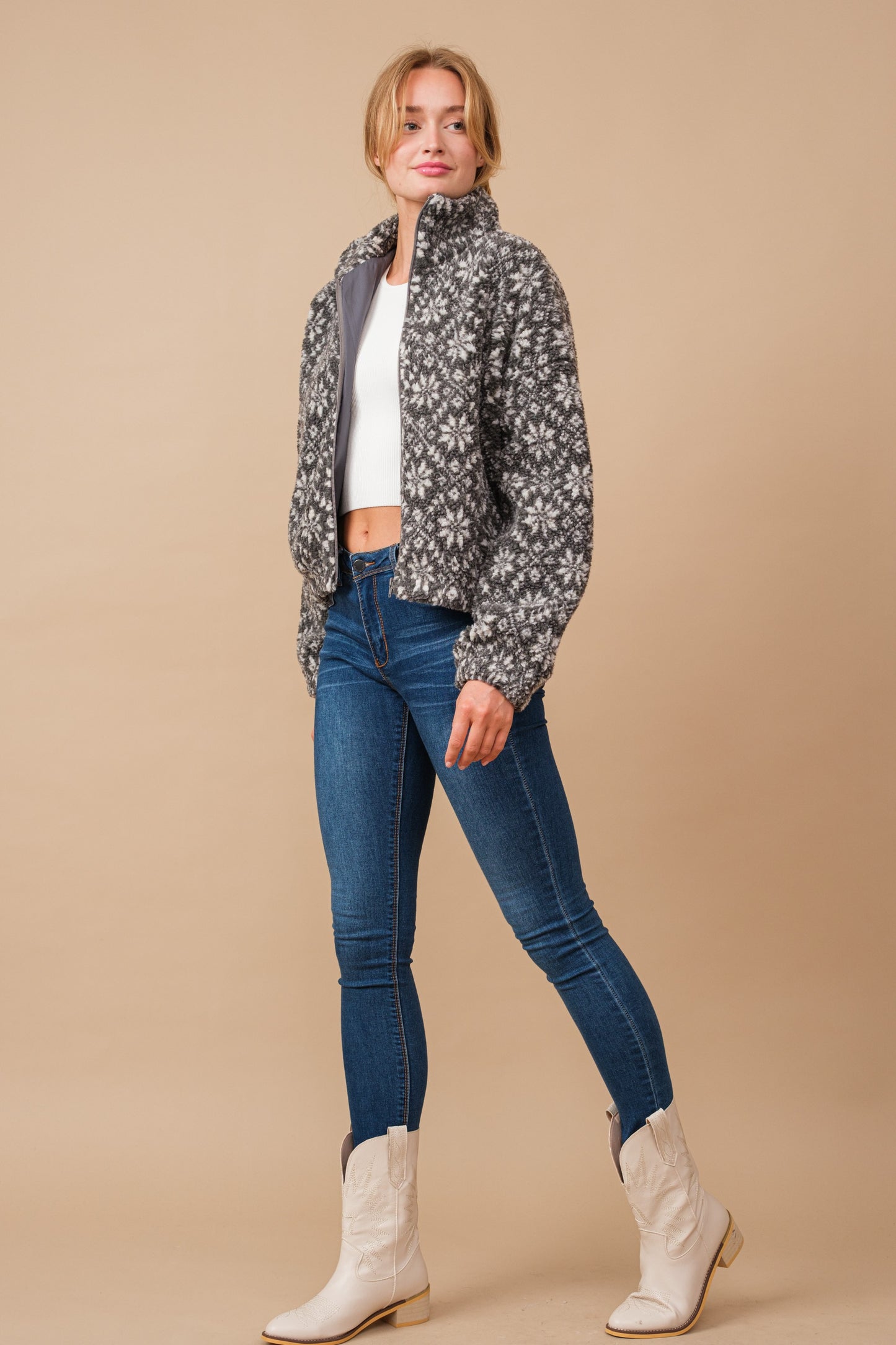 Snow Pattern Shearling Zip Up Jacket