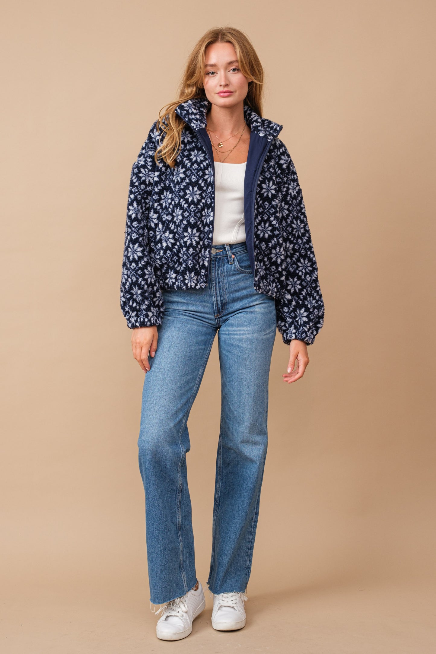 Snow Pattern Shearling Zip Up Jacket