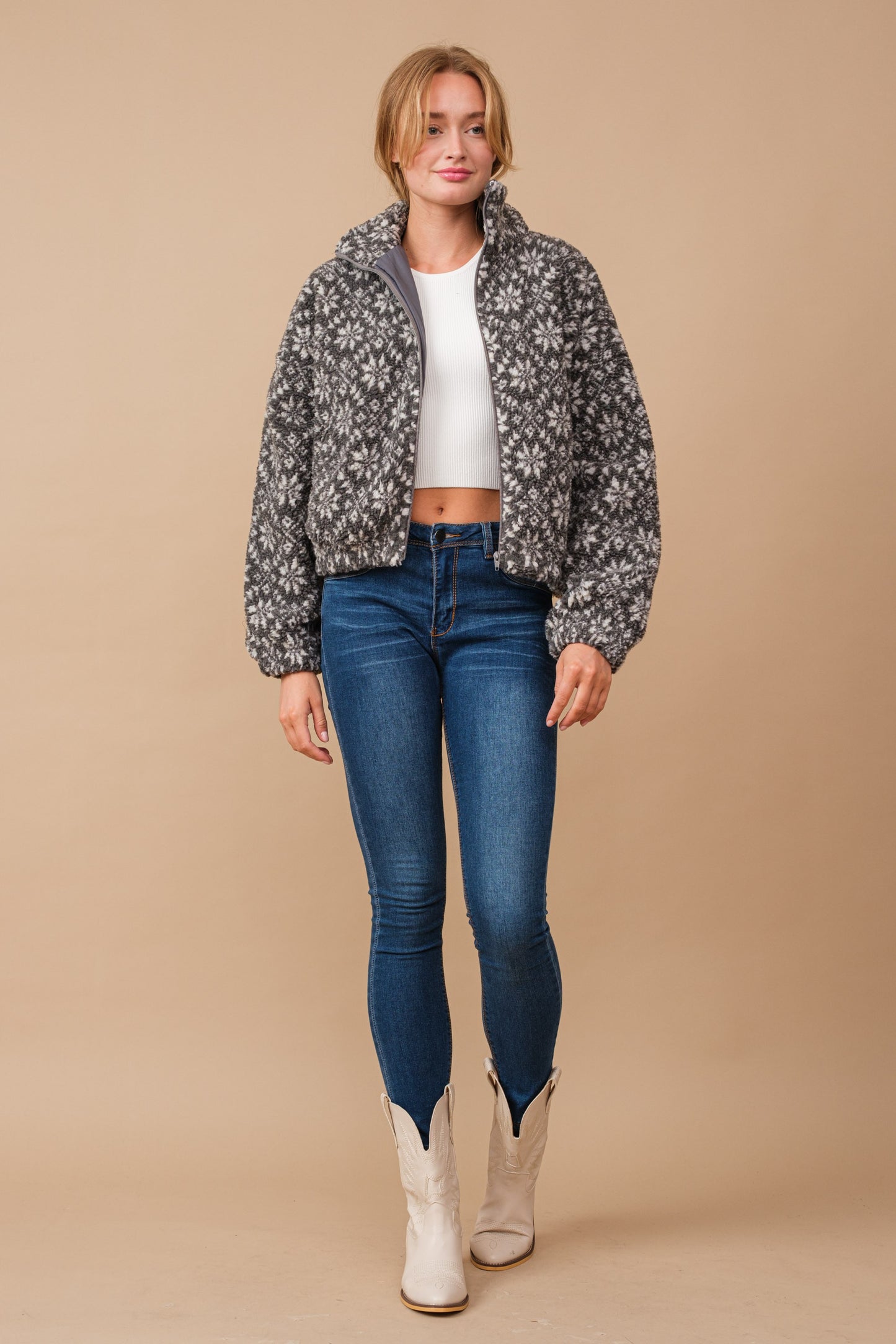 Snow Pattern Shearling Zip Up Jacket