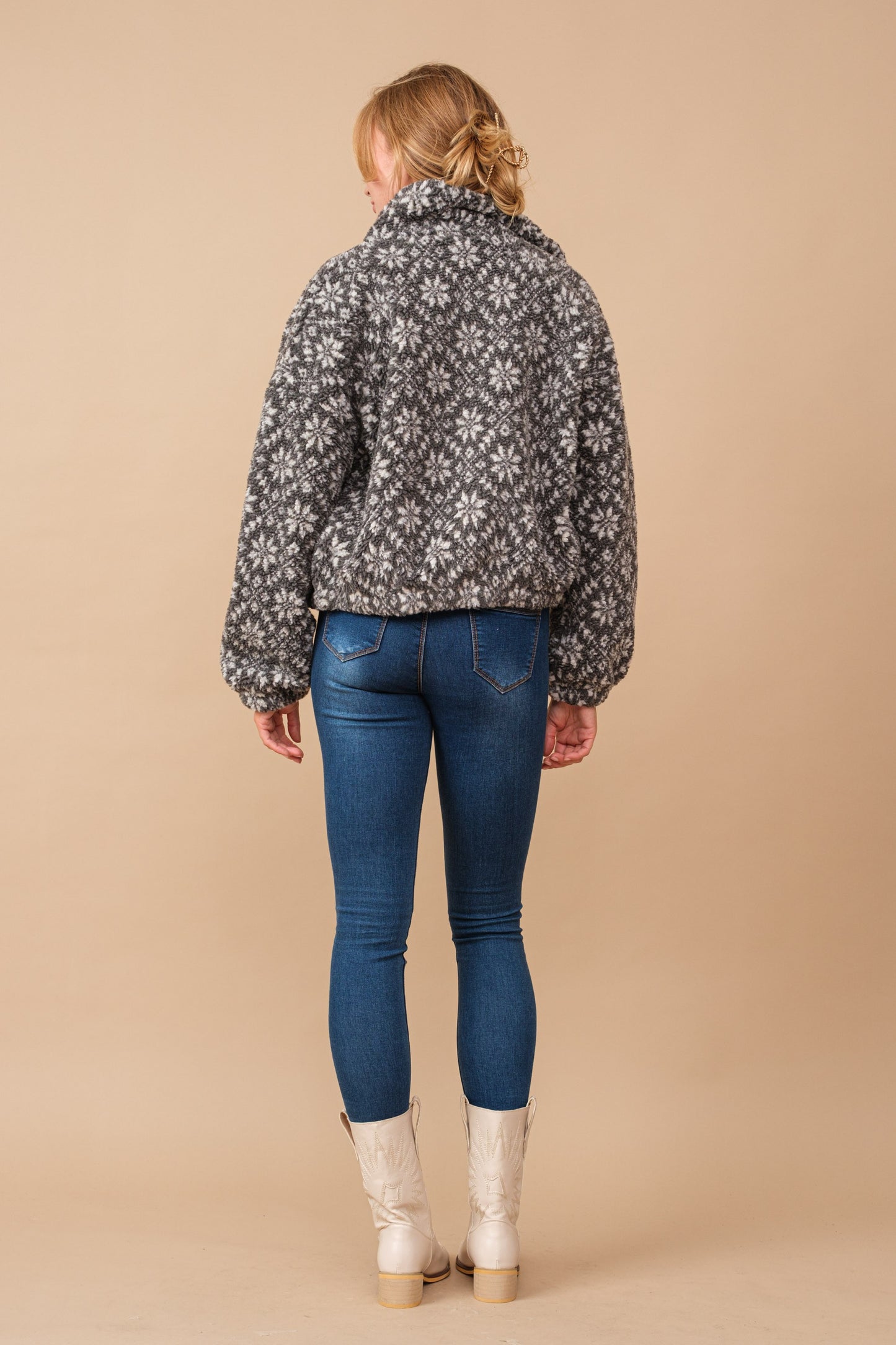 Snow Pattern Shearling Zip Up Jacket