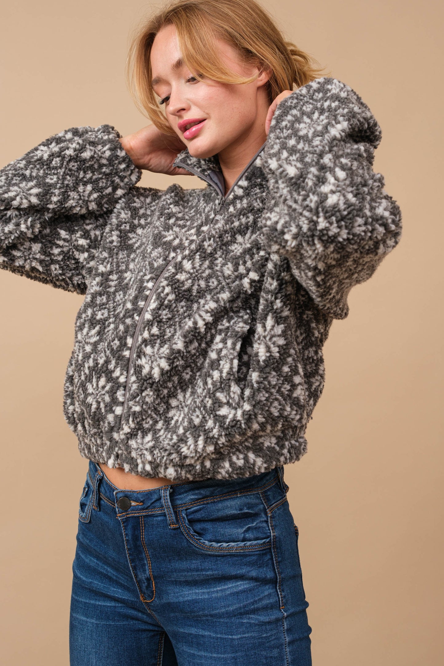 Snow Pattern Shearling Zip Up Jacket