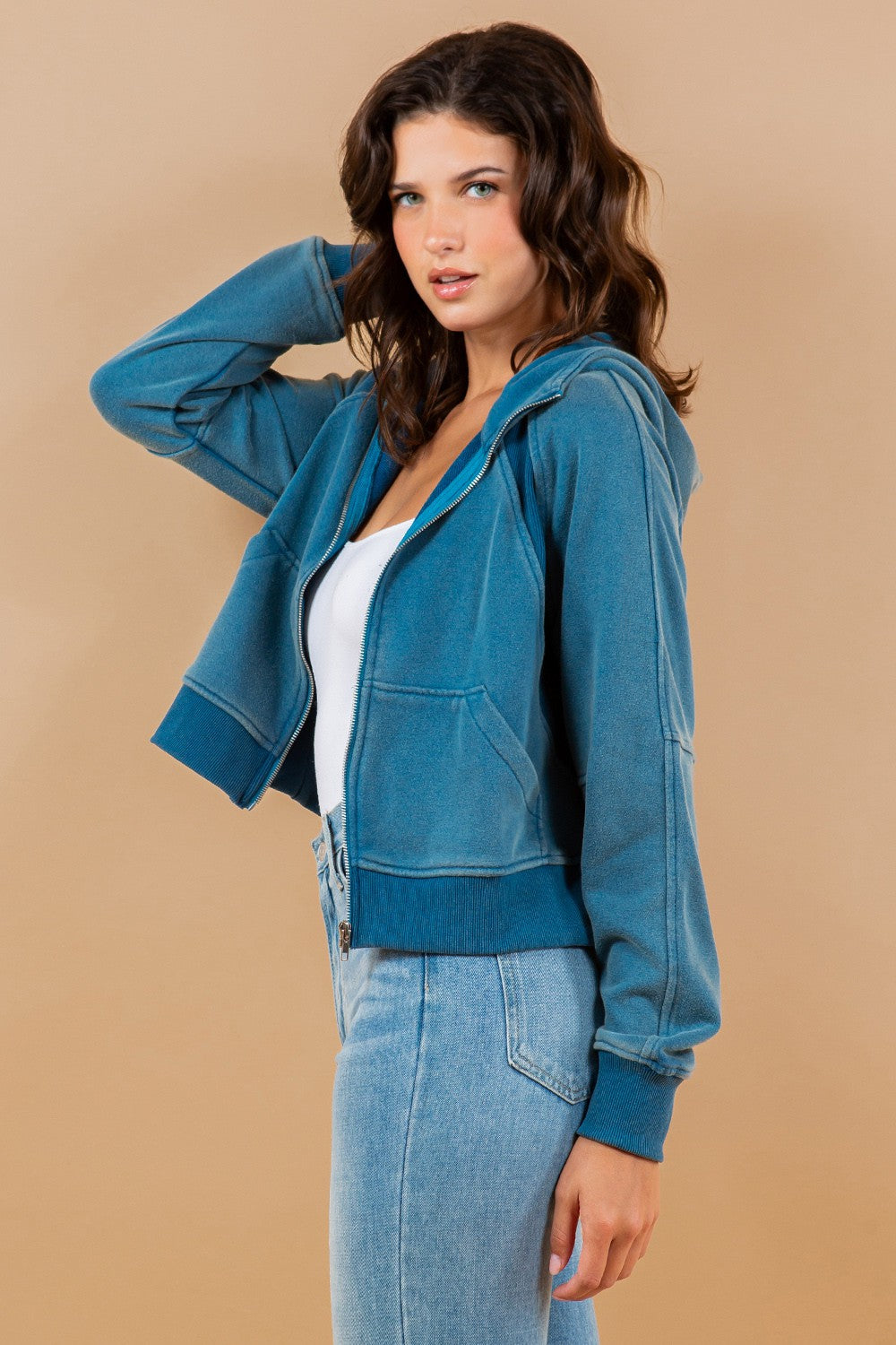 Contrast Ribbed Zip-Up Hoodie Sweatshirt Jacket