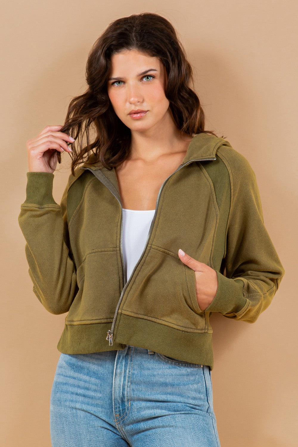 Contrast Ribbed Zip-Up Hoodie Sweatshirt Jacket