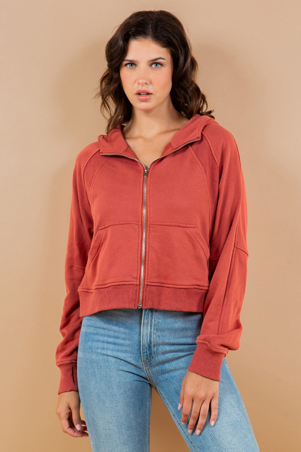 Contrast Ribbed Zip-Up Hoodie Sweatshirt Jacket
