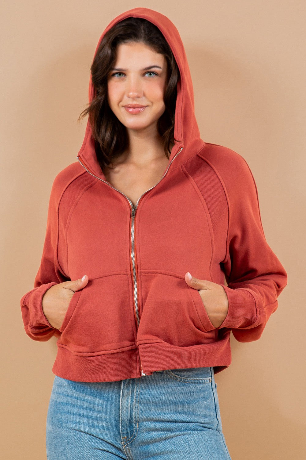 Contrast Ribbed Zip-Up Hoodie Sweatshirt Jacket