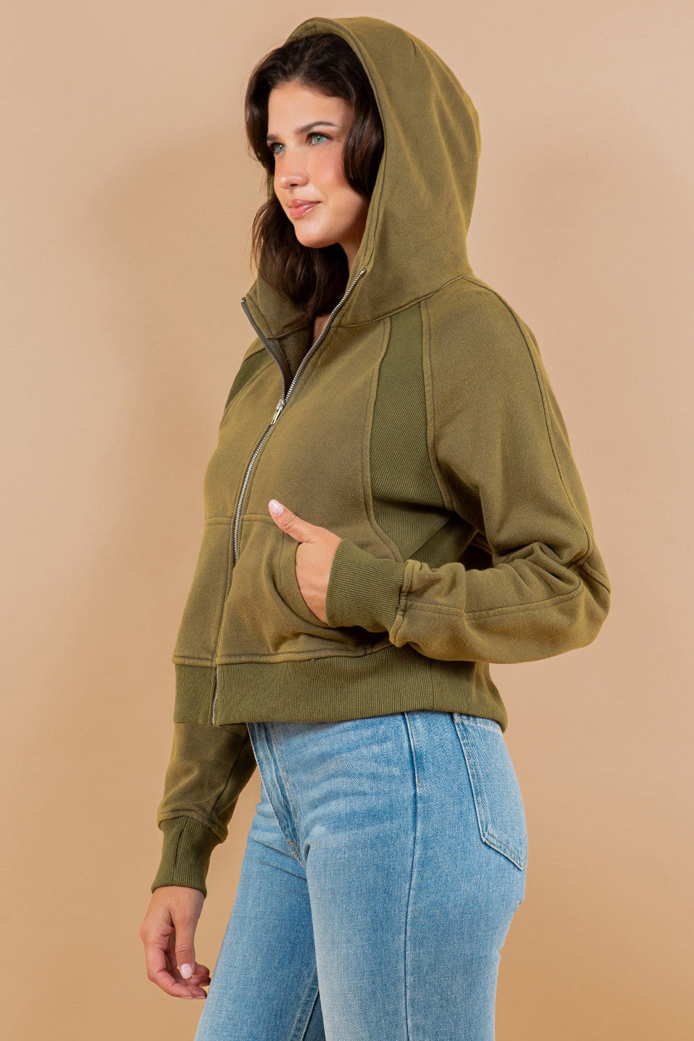 Contrast Ribbed Zip-Up Hoodie Sweatshirt Jacket