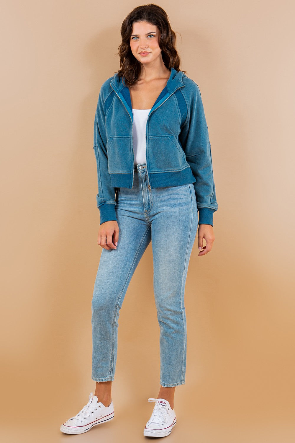 Contrast Ribbed Zip-Up Hoodie Sweatshirt Jacket