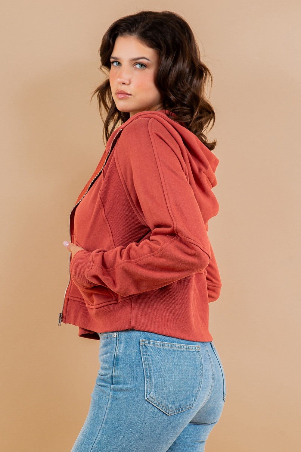 Contrast Ribbed Zip-Up Hoodie Sweatshirt Jacket