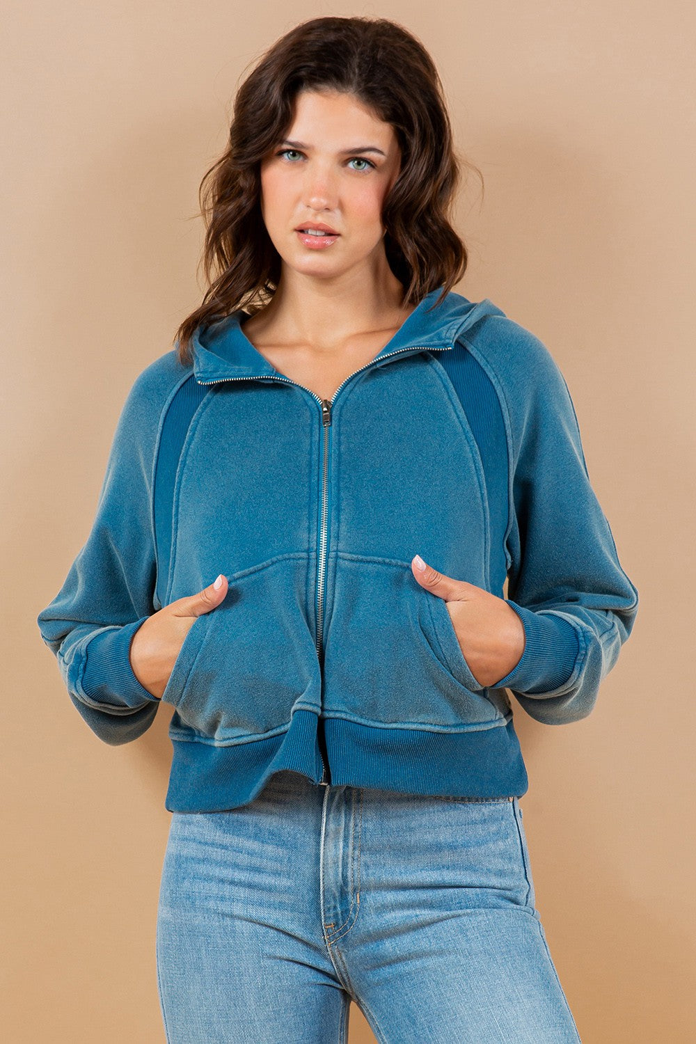 Contrast Ribbed Zip-Up Hoodie Sweatshirt Jacket