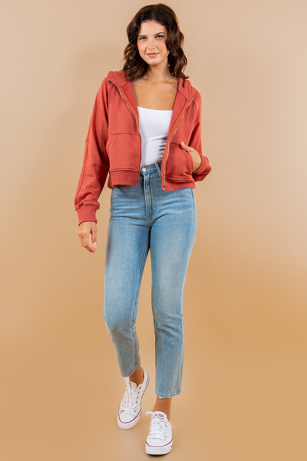 Contrast Ribbed Zip-Up Hoodie Sweatshirt Jacket