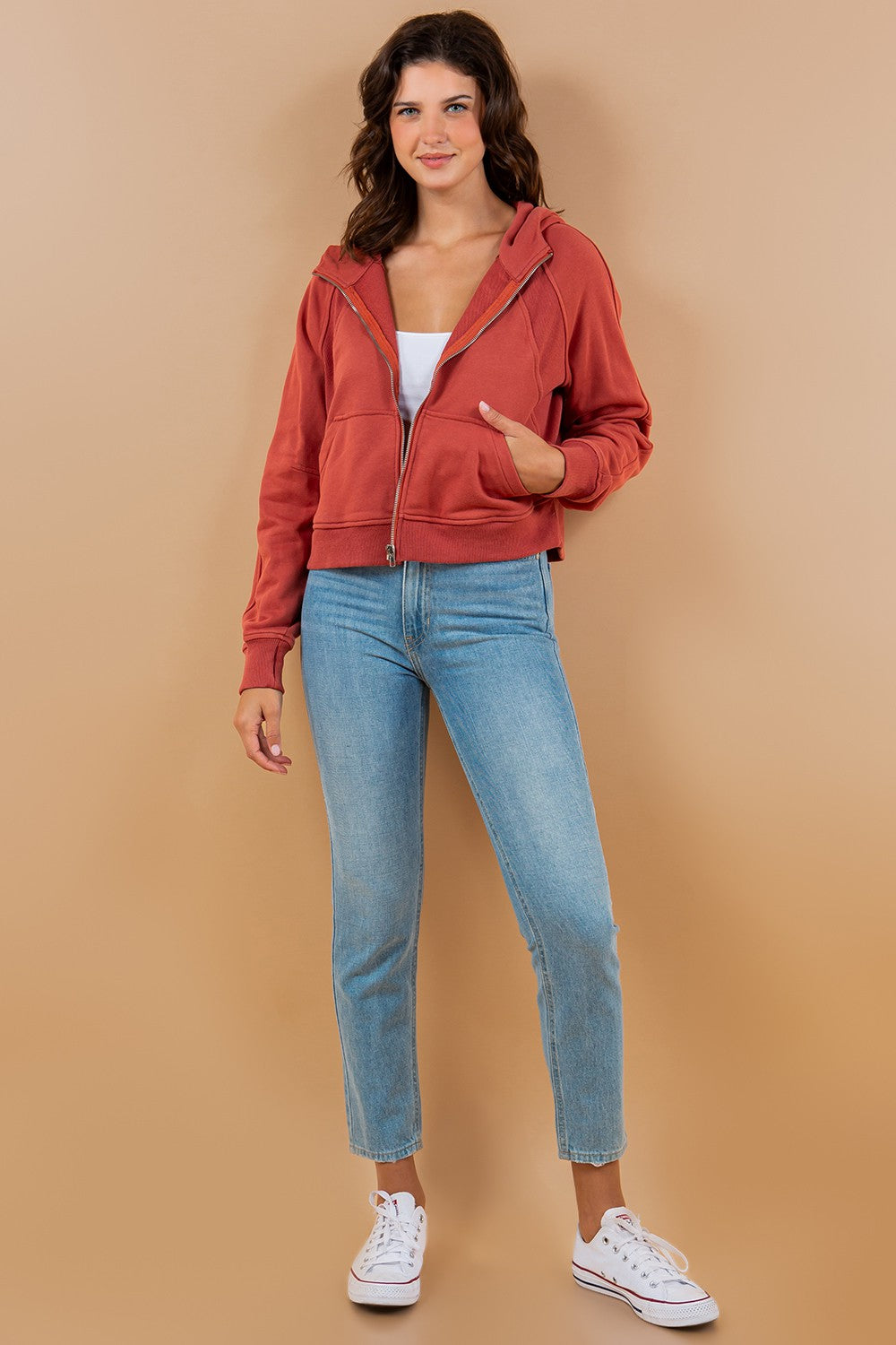 Contrast Ribbed Zip-Up Hoodie Sweatshirt Jacket
