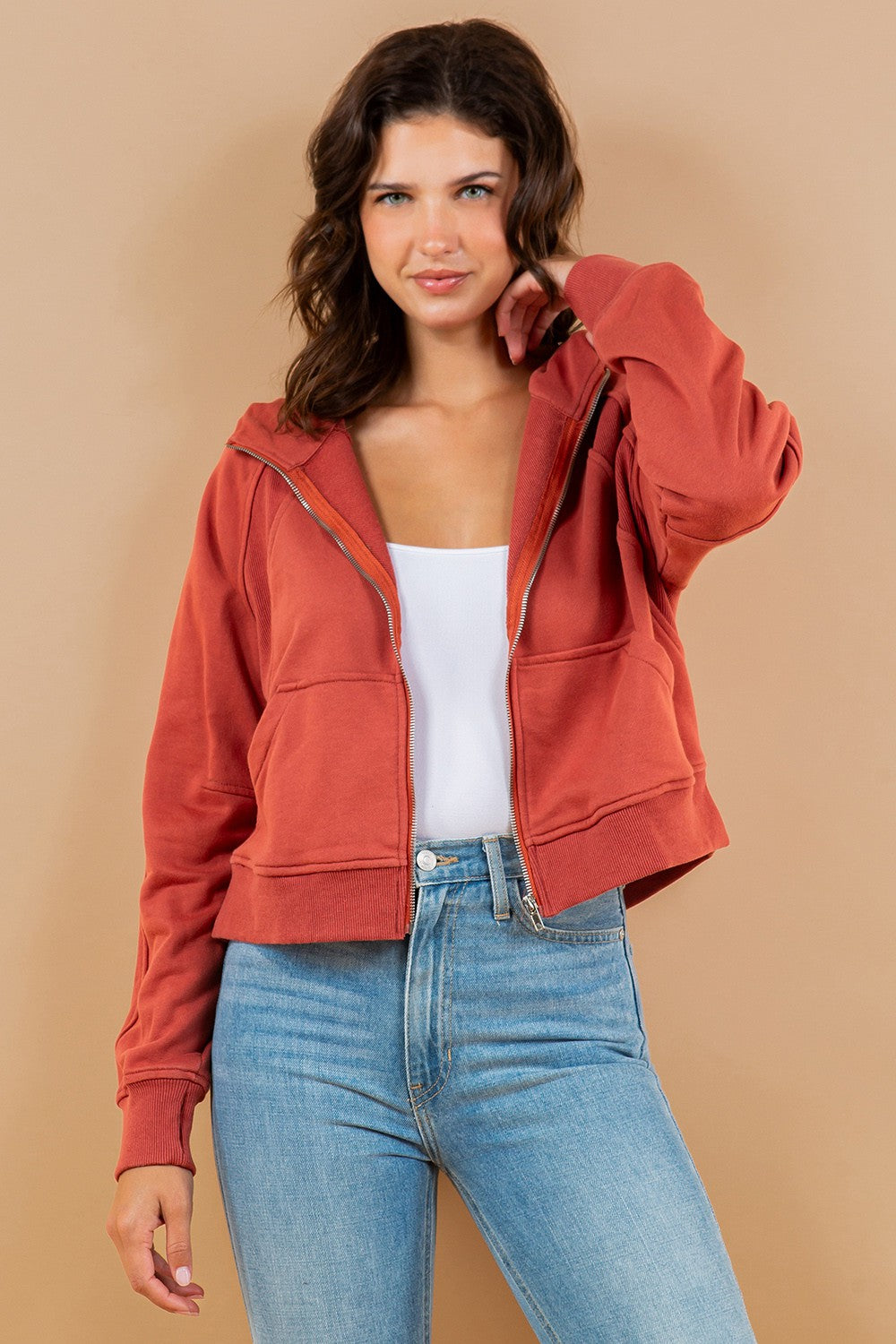 Contrast Ribbed Zip-Up Hoodie Sweatshirt Jacket