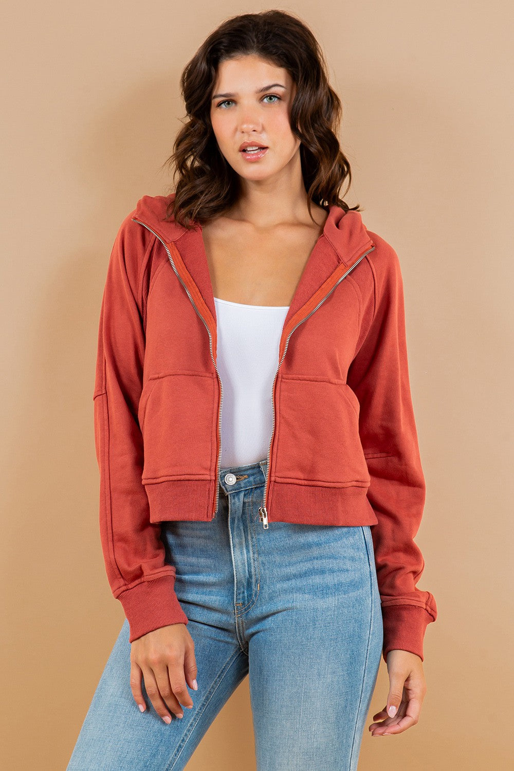 Contrast Ribbed Zip-Up Hoodie Sweatshirt Jacket