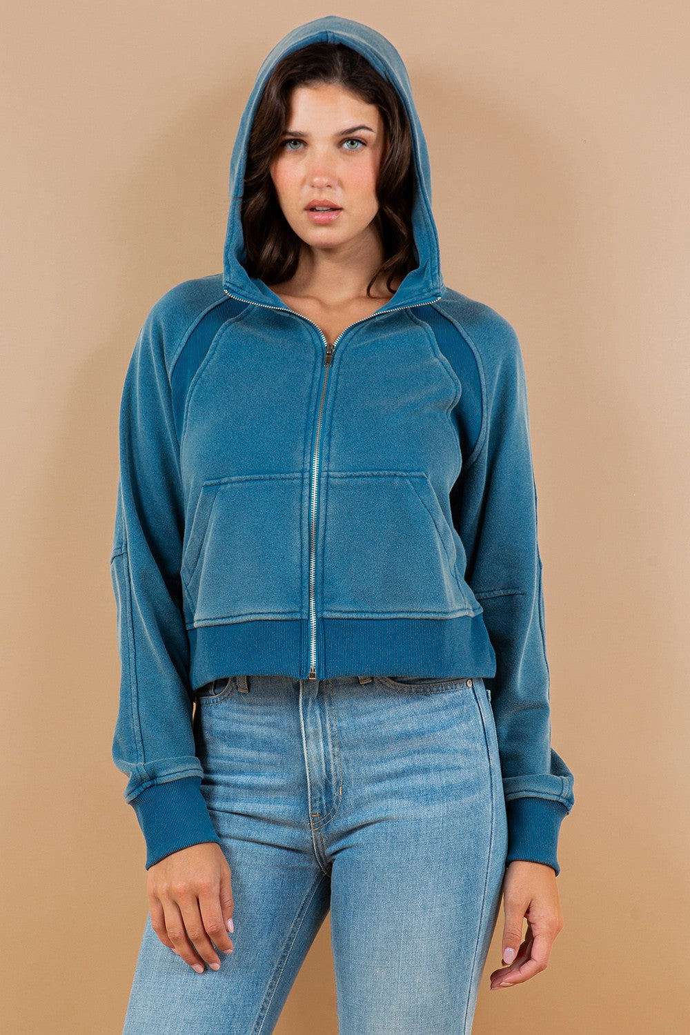 Contrast Ribbed Zip-Up Hoodie Sweatshirt Jacket