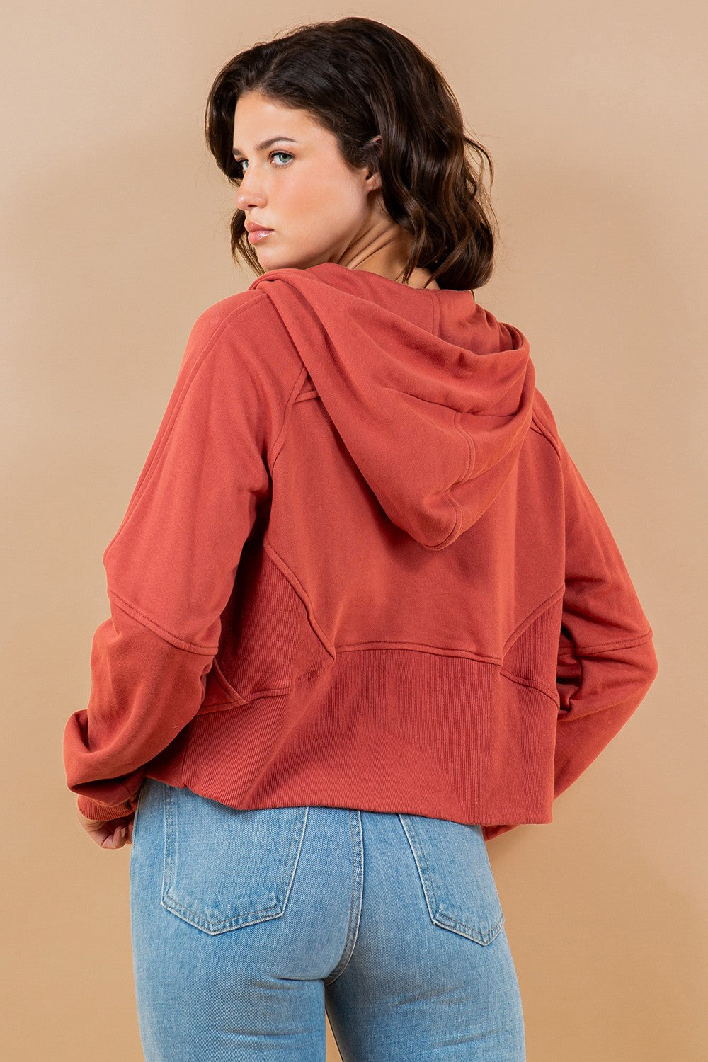 Contrast Ribbed Zip-Up Hoodie Sweatshirt Jacket