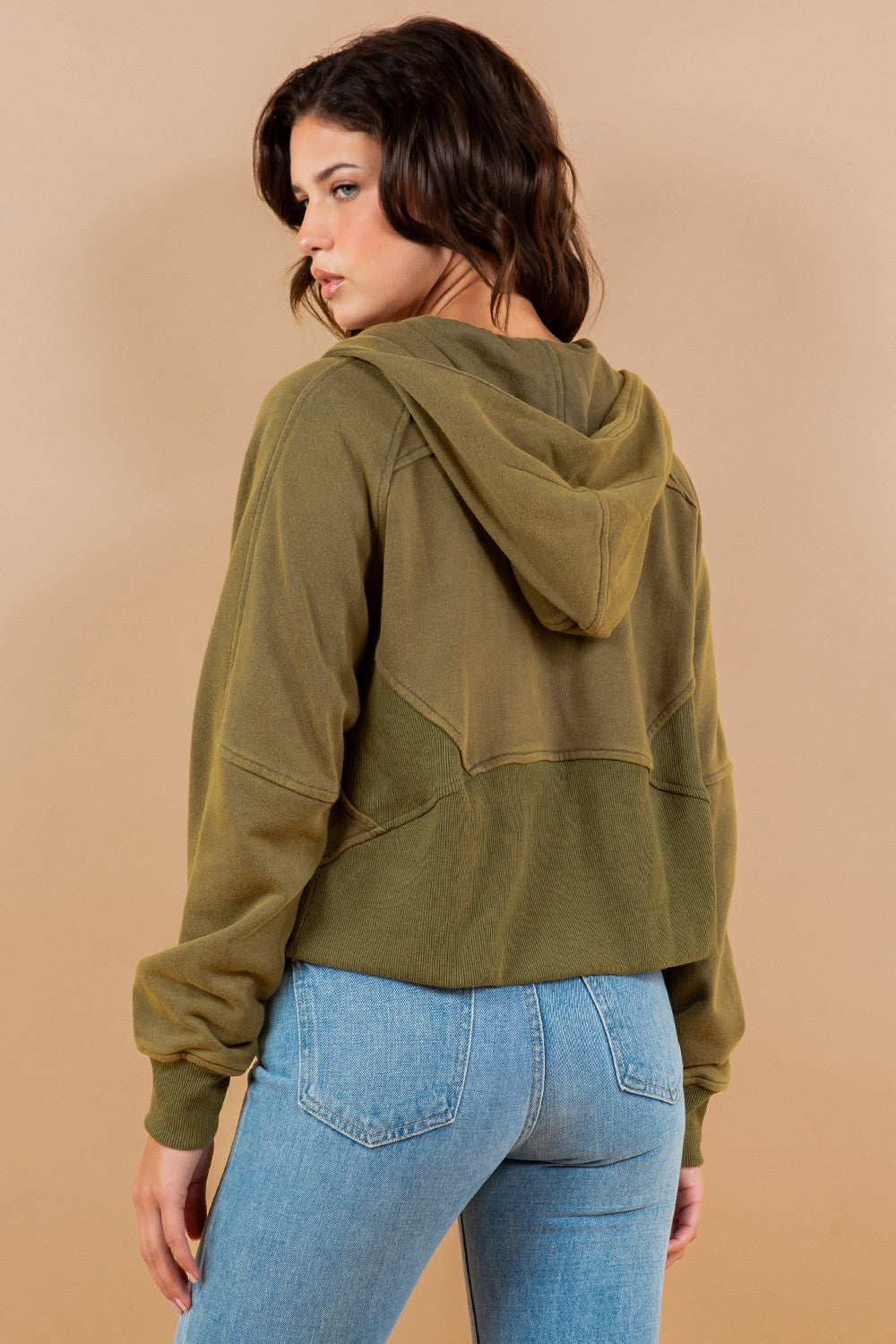 Contrast Ribbed Zip-Up Hoodie Sweatshirt Jacket