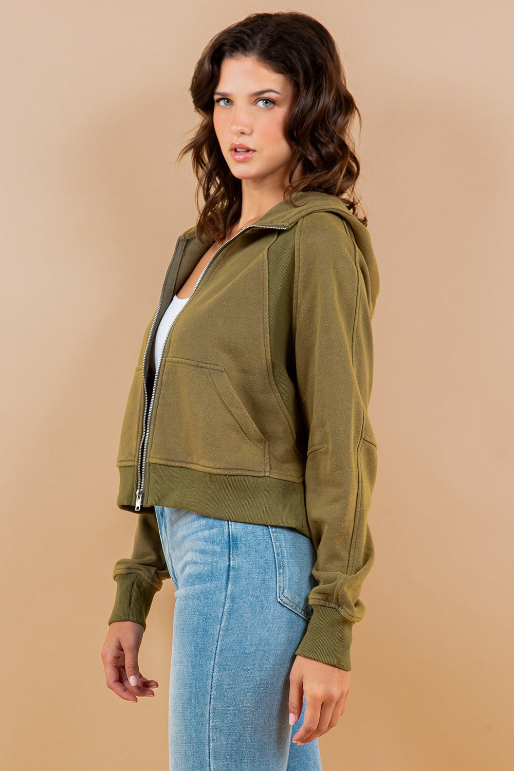 Contrast Ribbed Zip-Up Hoodie Sweatshirt Jacket