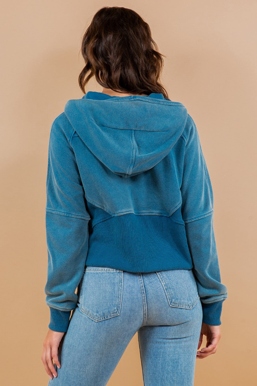 Contrast Ribbed Zip-Up Hoodie Sweatshirt Jacket