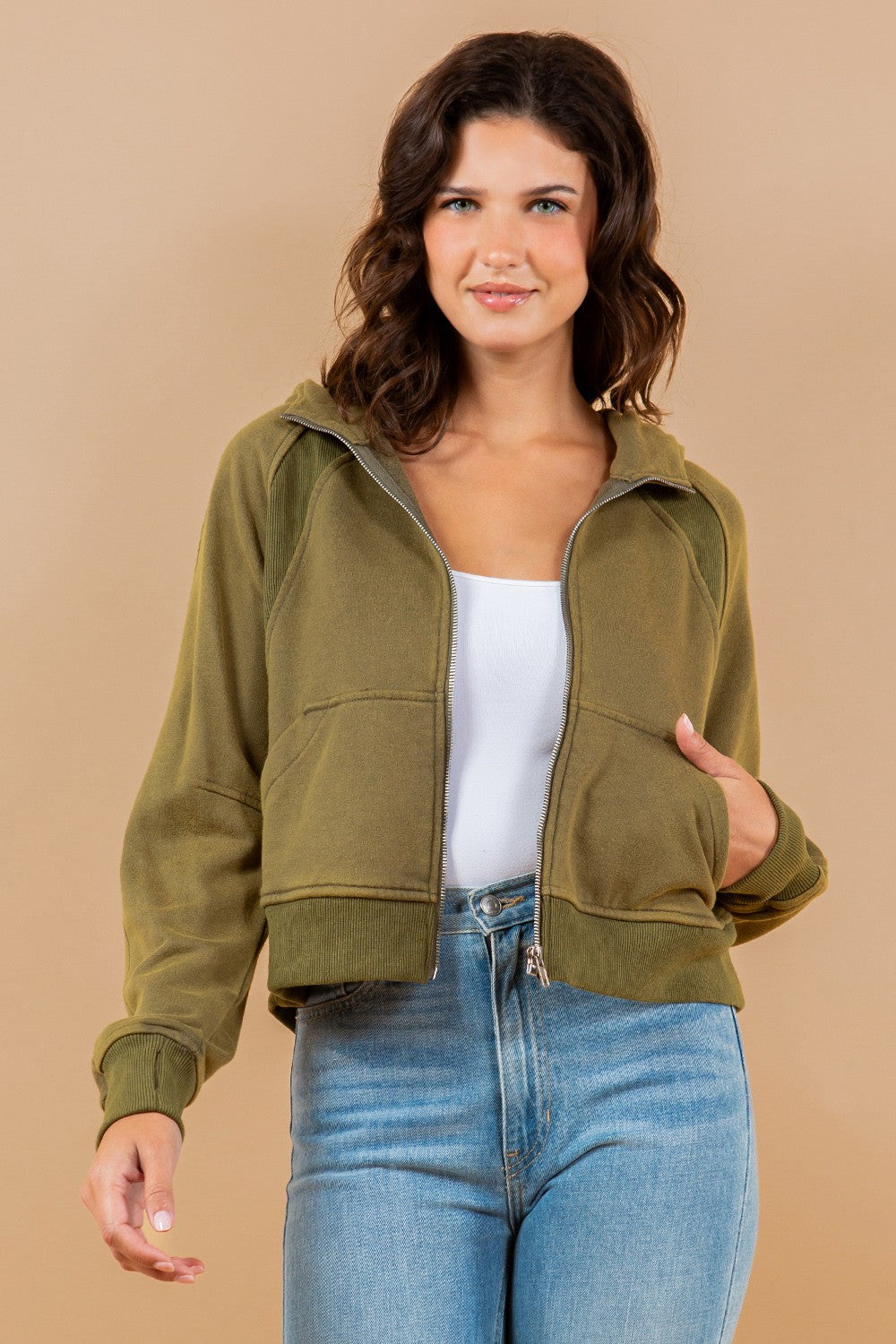 Contrast Ribbed Zip-Up Hoodie Sweatshirt Jacket