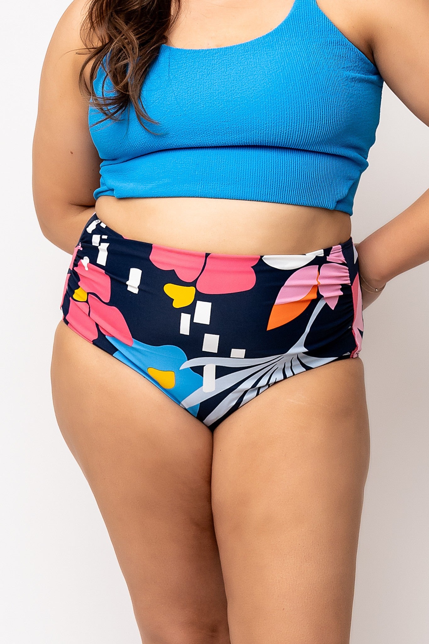 Blue Floral Midi Ruched Swim Bottoms