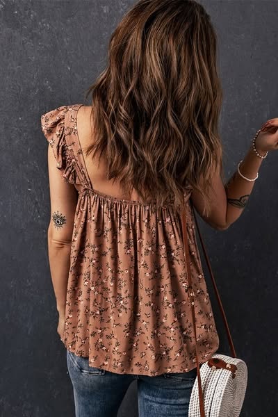 Floral Print Smocked Flounce Sleeveless Top