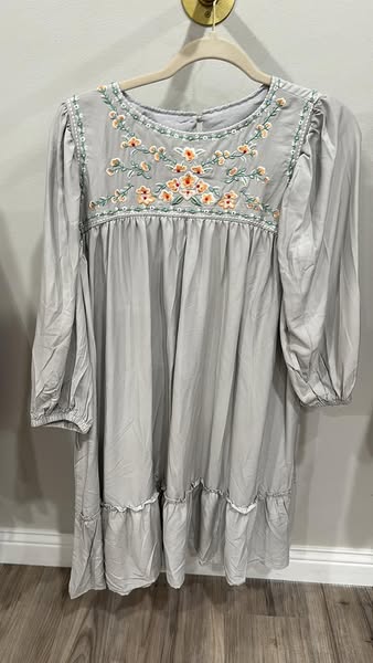 Embroidered Flower Long Sleeve Babydoll Dress