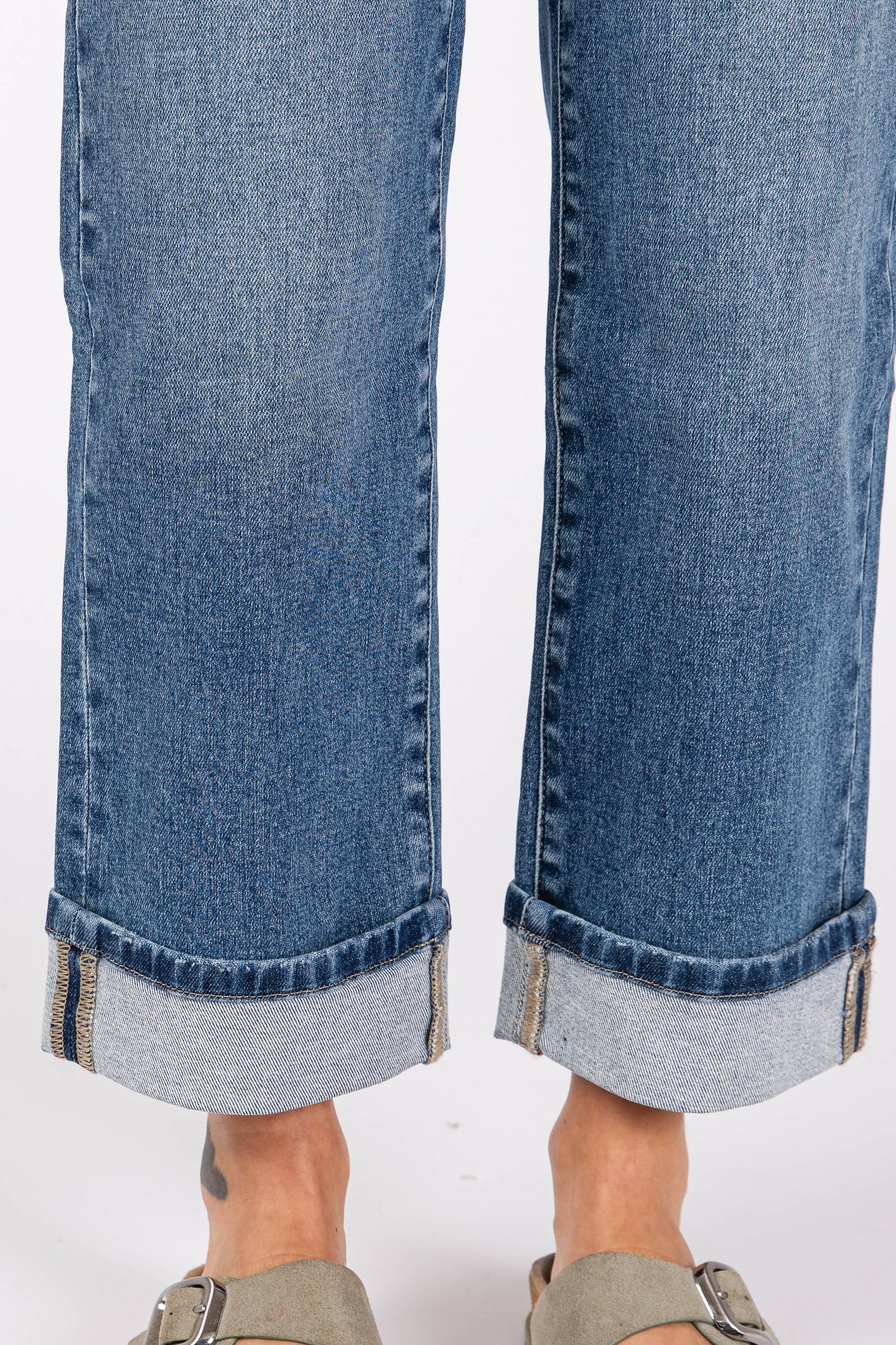 High Rise Stretch Relaxed Straight Jean With Cuffed Hem