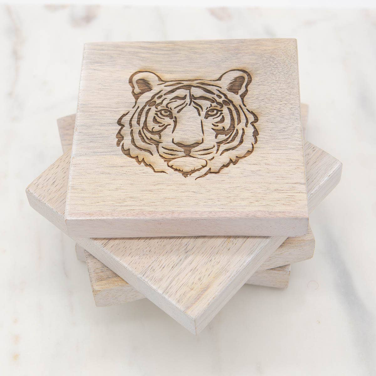 Tiger Etched Wood Coasters Antique White 4x4