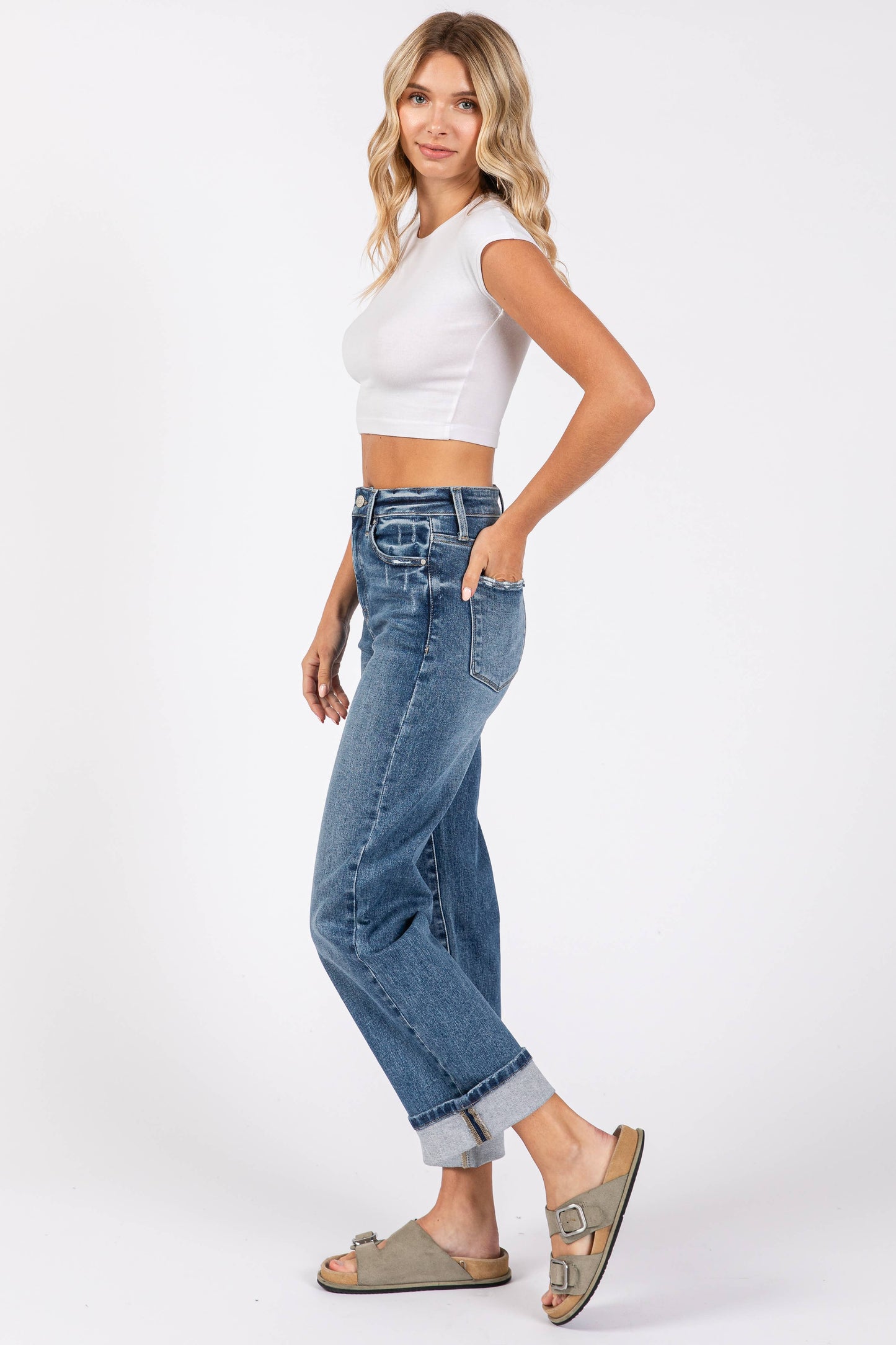 High Rise Stretch Relaxed Straight Jean With Cuffed Hem