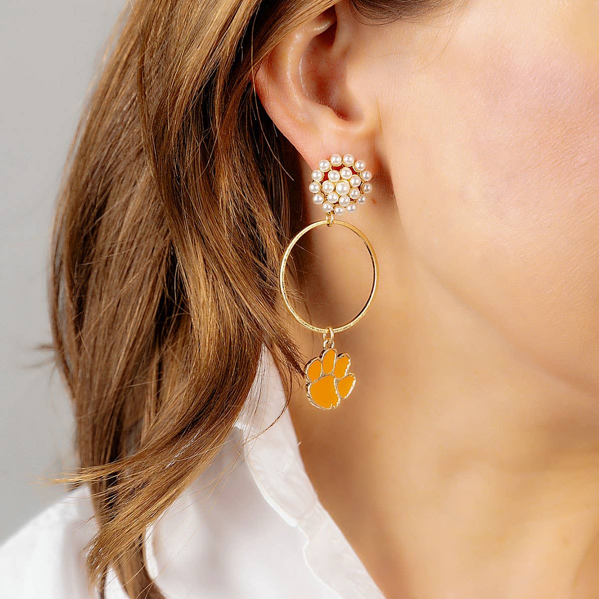 Tigers Pearl Cluster Enamel Hoop Earrings in Orange