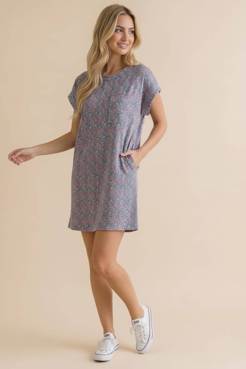 Crew Neck Floral Shift Dress Rib Dress