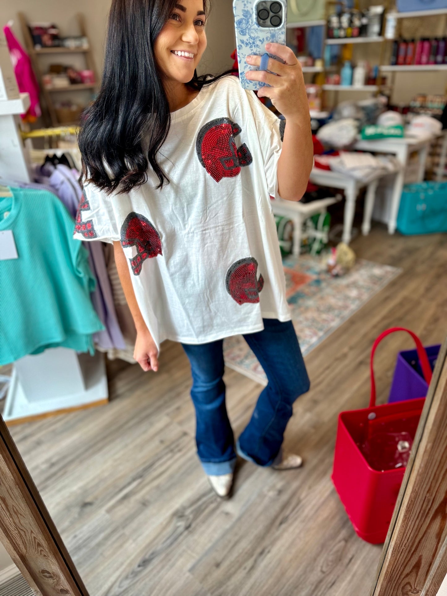 Sequin Red & White Helmet Jersey Top