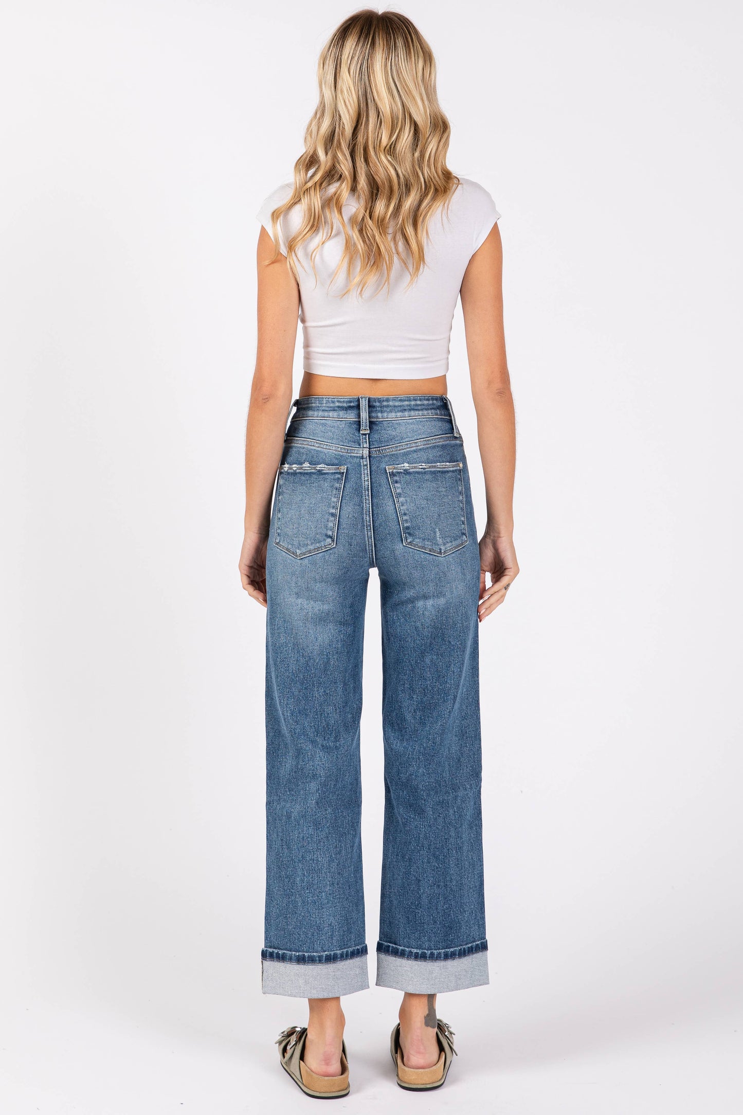 High Rise Stretch Relaxed Straight Jean With Cuffed Hem