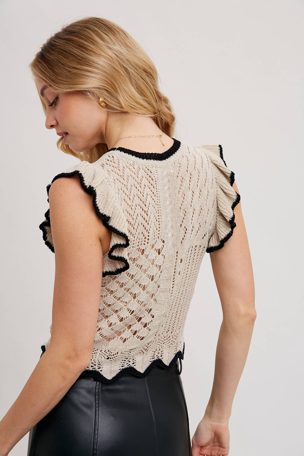 Eyelet Contrast Knit Ruffled Scalloped Top
