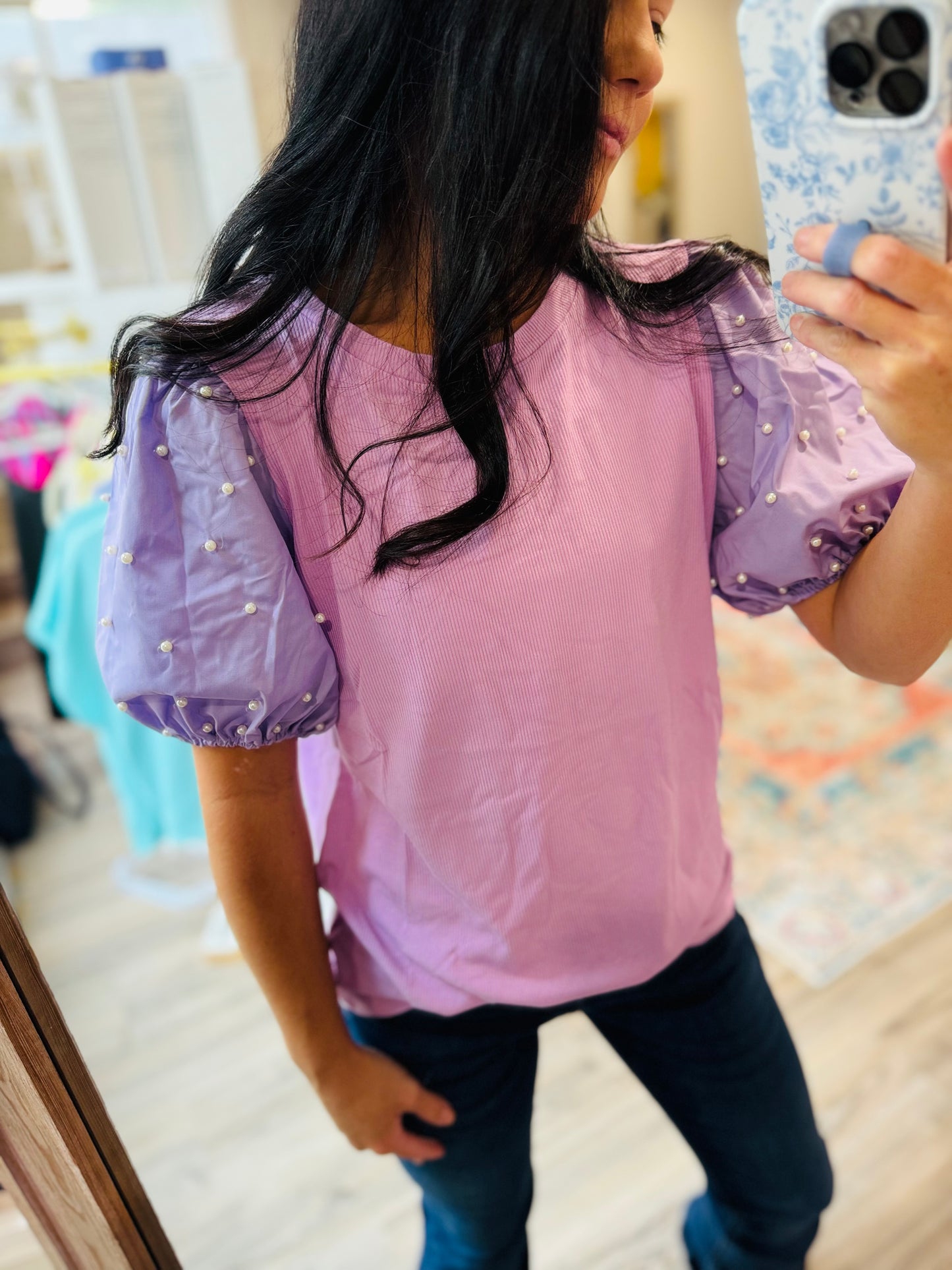 Pearl Beaded Short Sleeve Puff