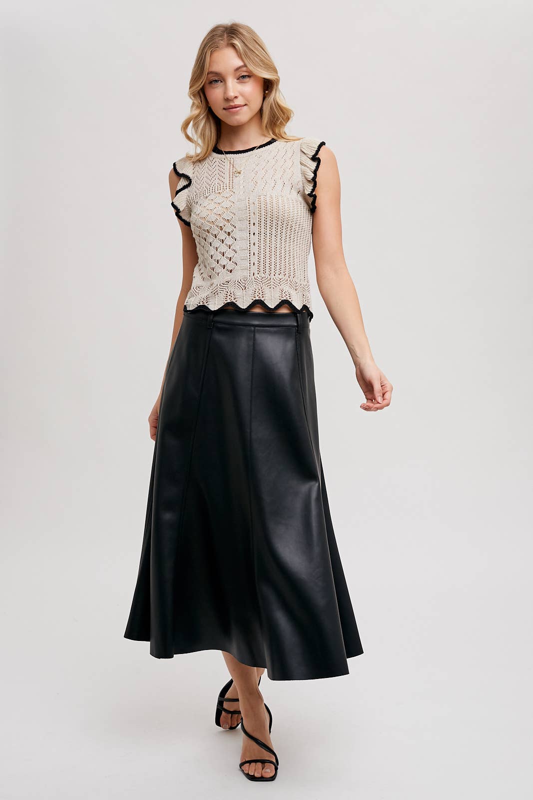Eyelet Contrast Knit Ruffled Scalloped Top
