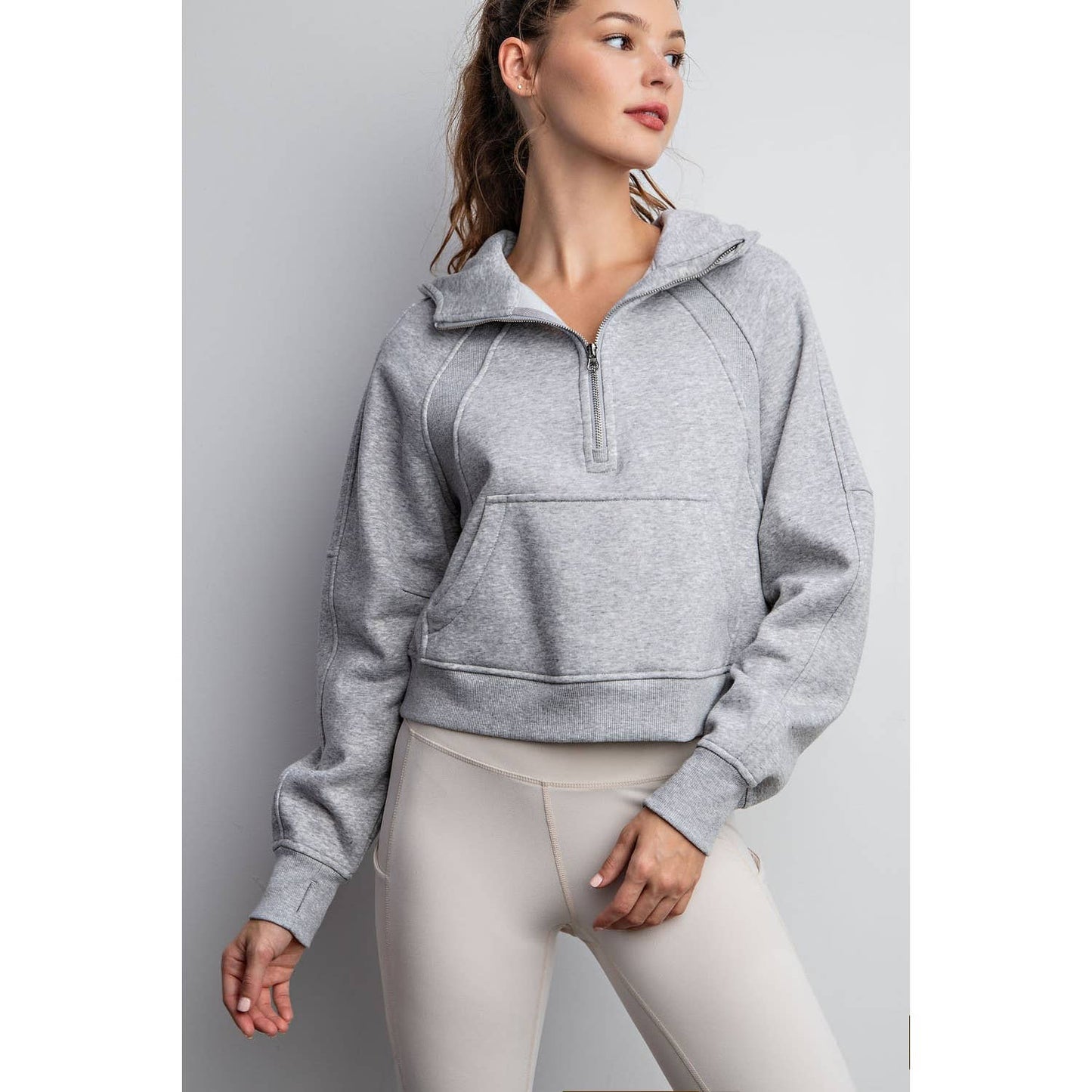 FRENCH TERRY CROPPED QUARTER ZIP HOODIE JACKET