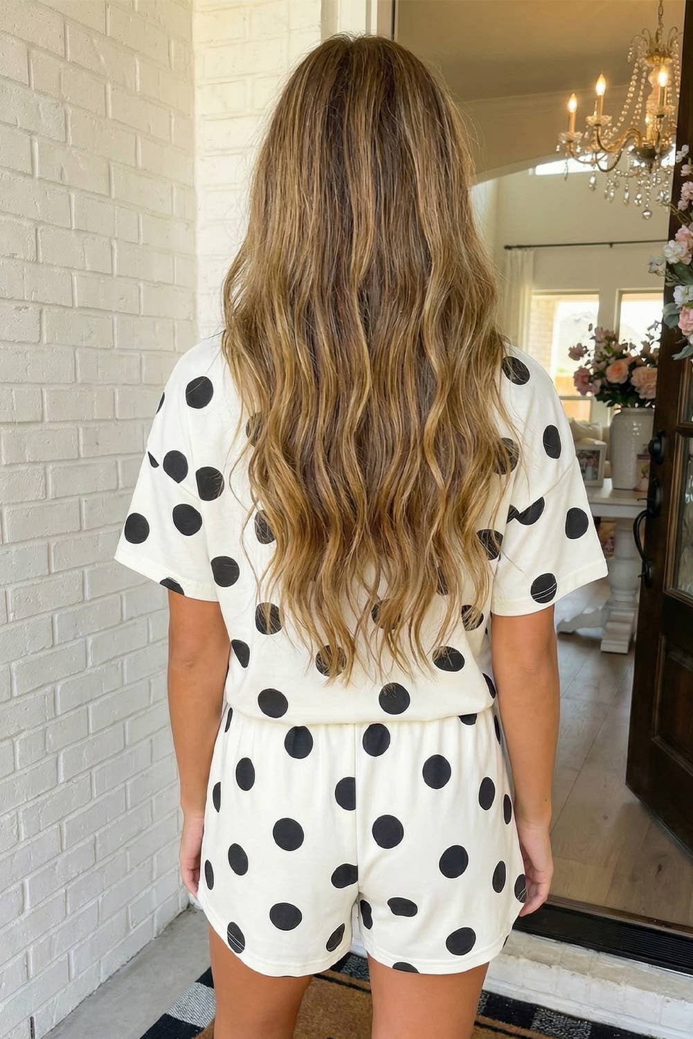 Polka Dot Print Loose Tee Drawstring Short Set