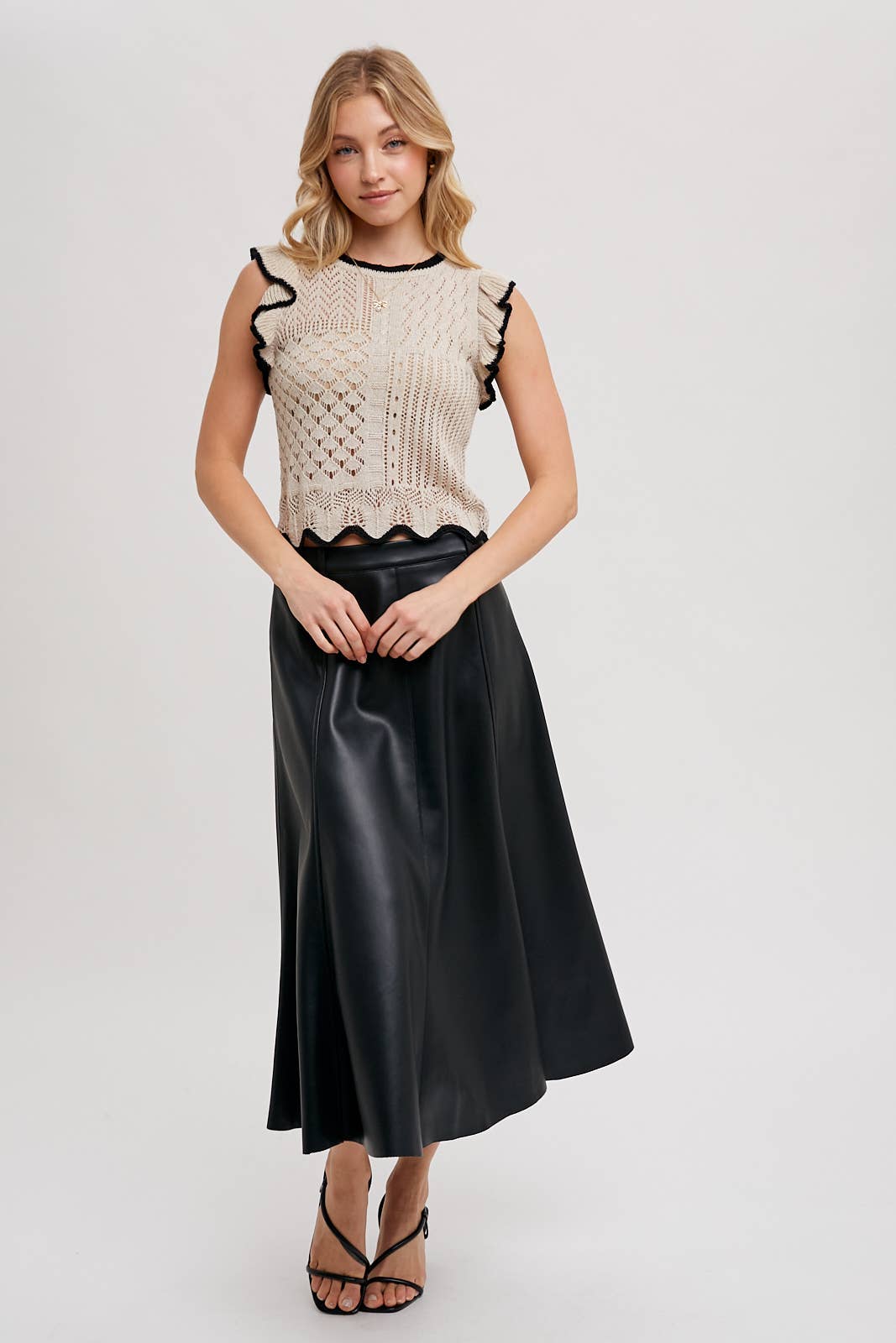 Eyelet Contrast Knit Ruffled Scalloped Top