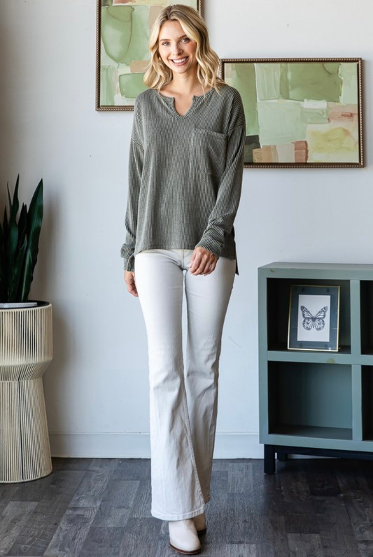 Olive Ribbed Hi-Low Hem Top