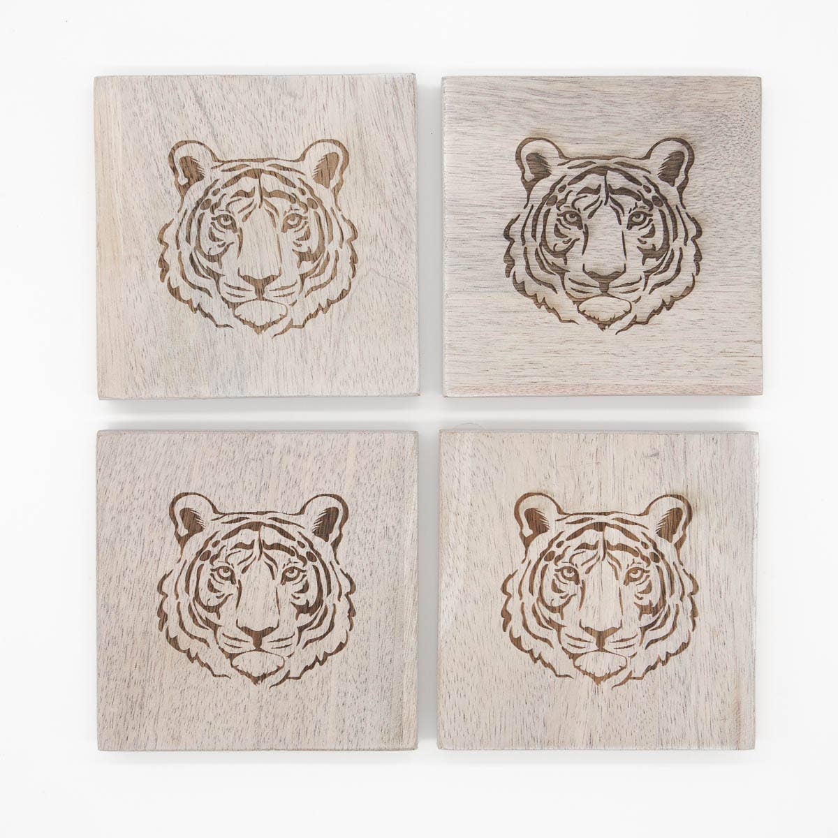 Tiger Etched Wood Coasters Antique White 4x4