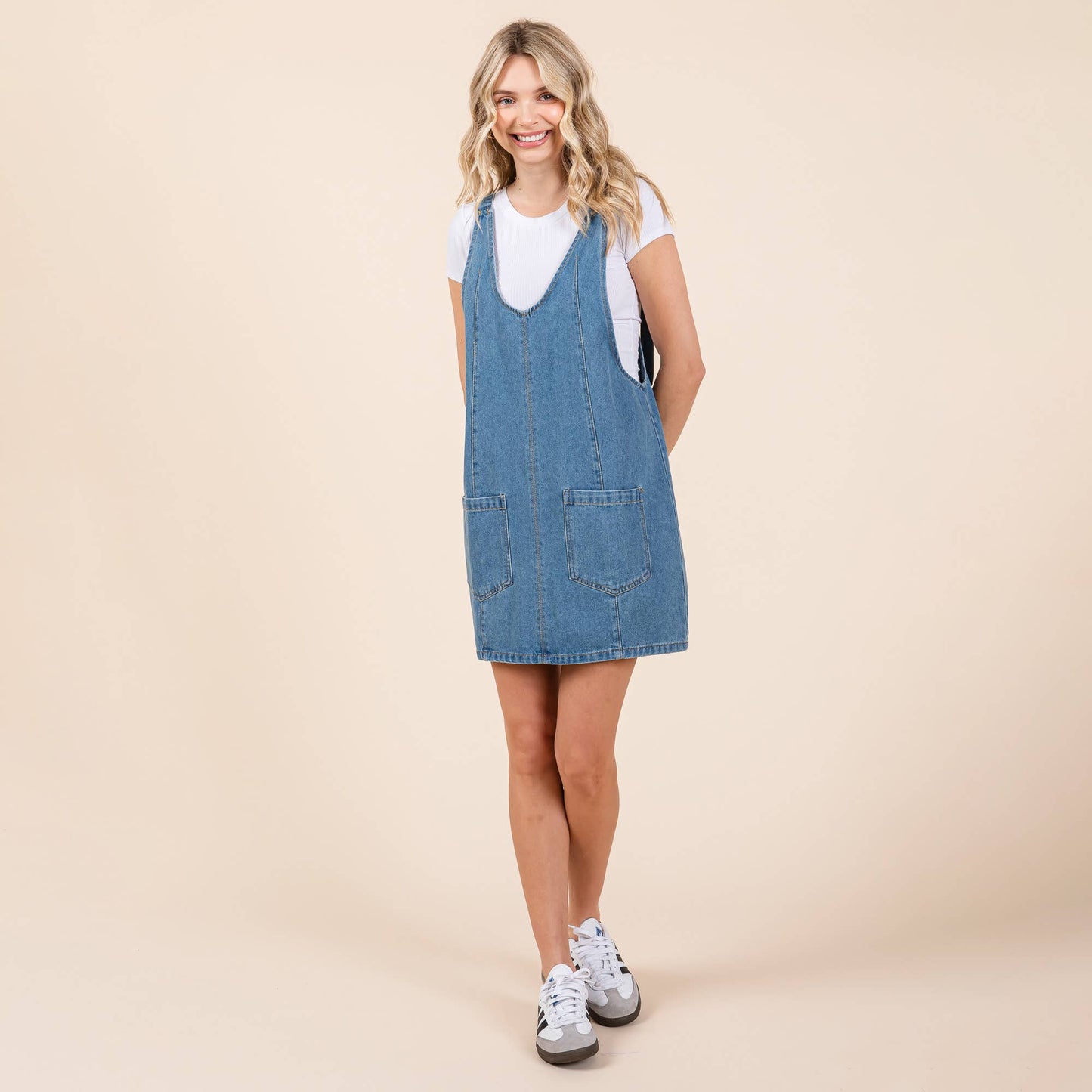 Scoop Neck Denim Short Overall Dress Skirtall