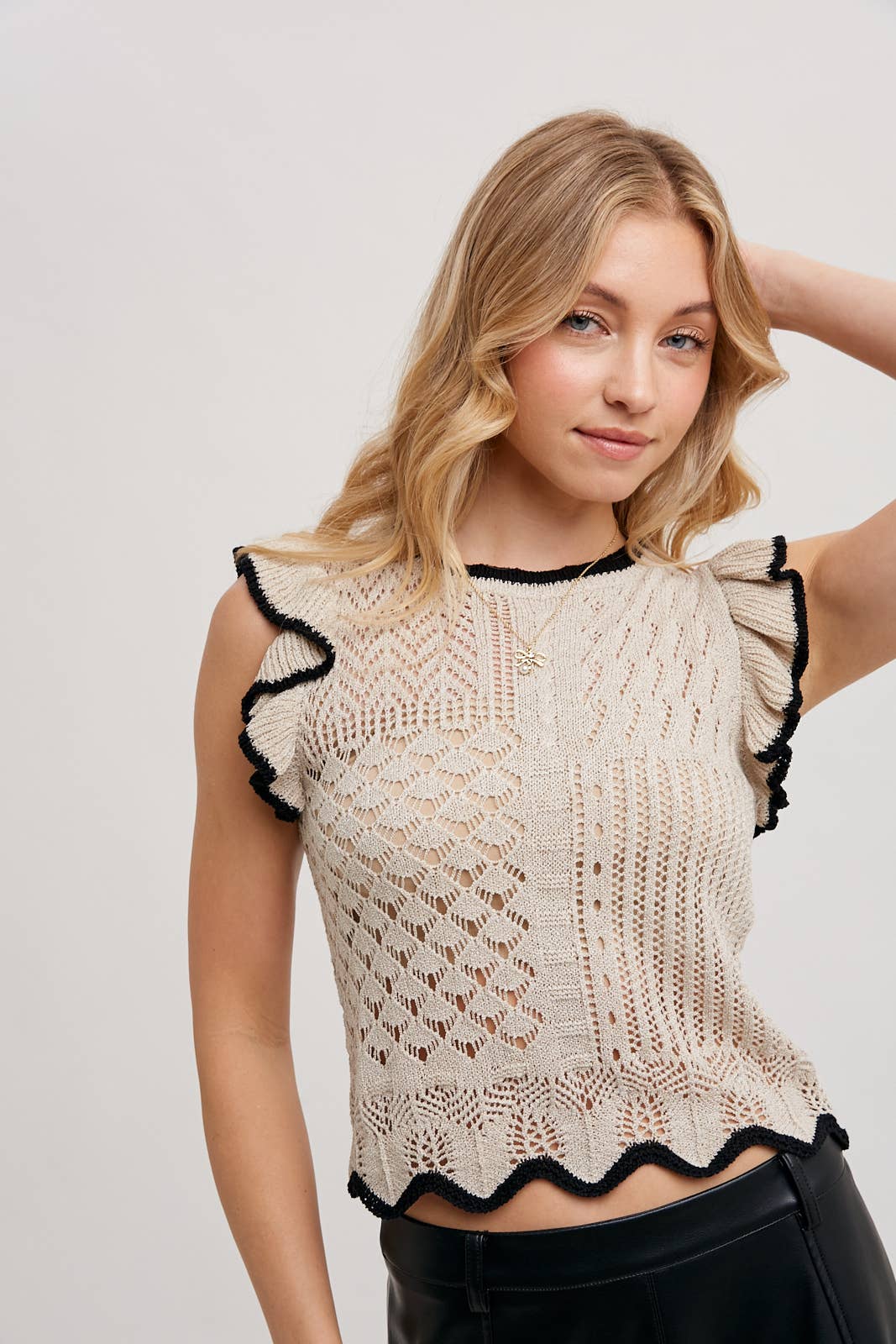 Eyelet Contrast Knit Ruffled Scalloped Top