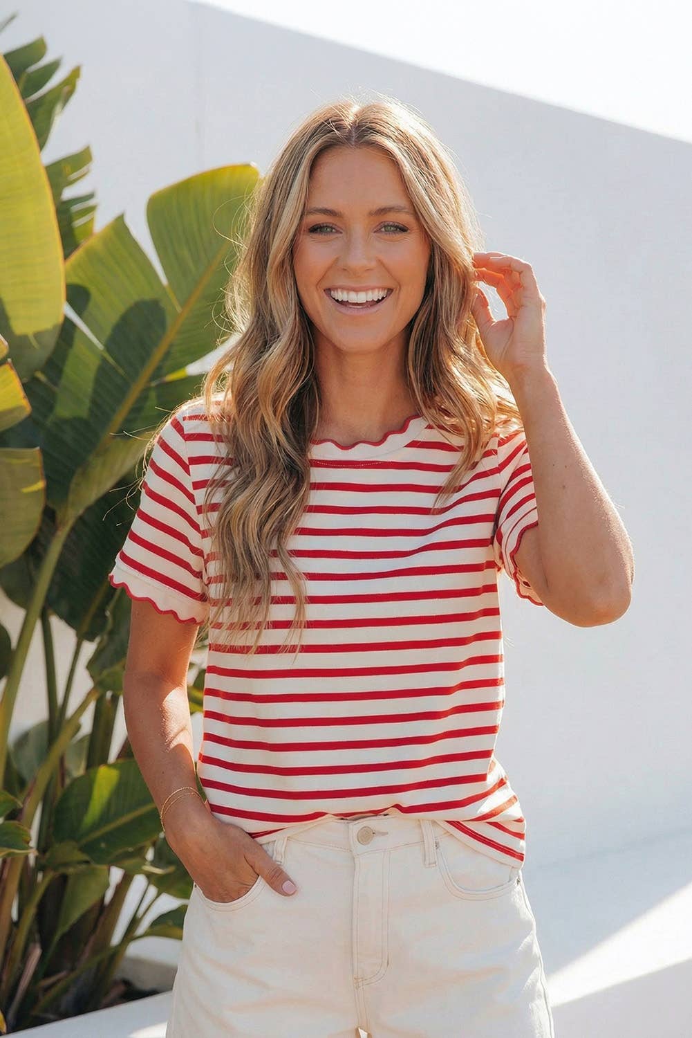 Stripe Scalloped Trim Round Neck T Shirt