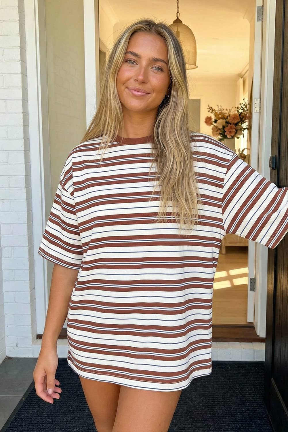 Striped Half Sleeve Casual Oversized Tee